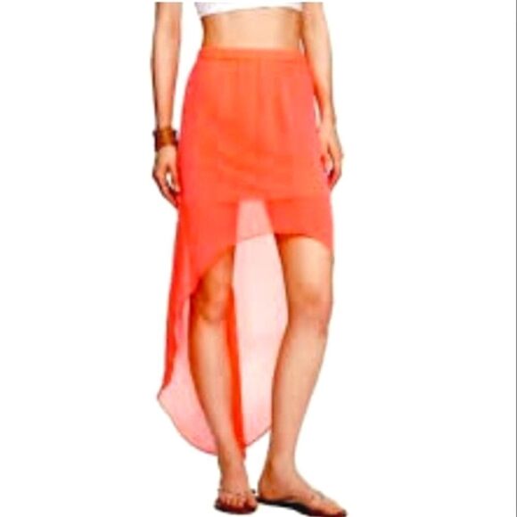 Express Sheer High Low Neon Orange Skirt Sz Small - Picture 1 of 8